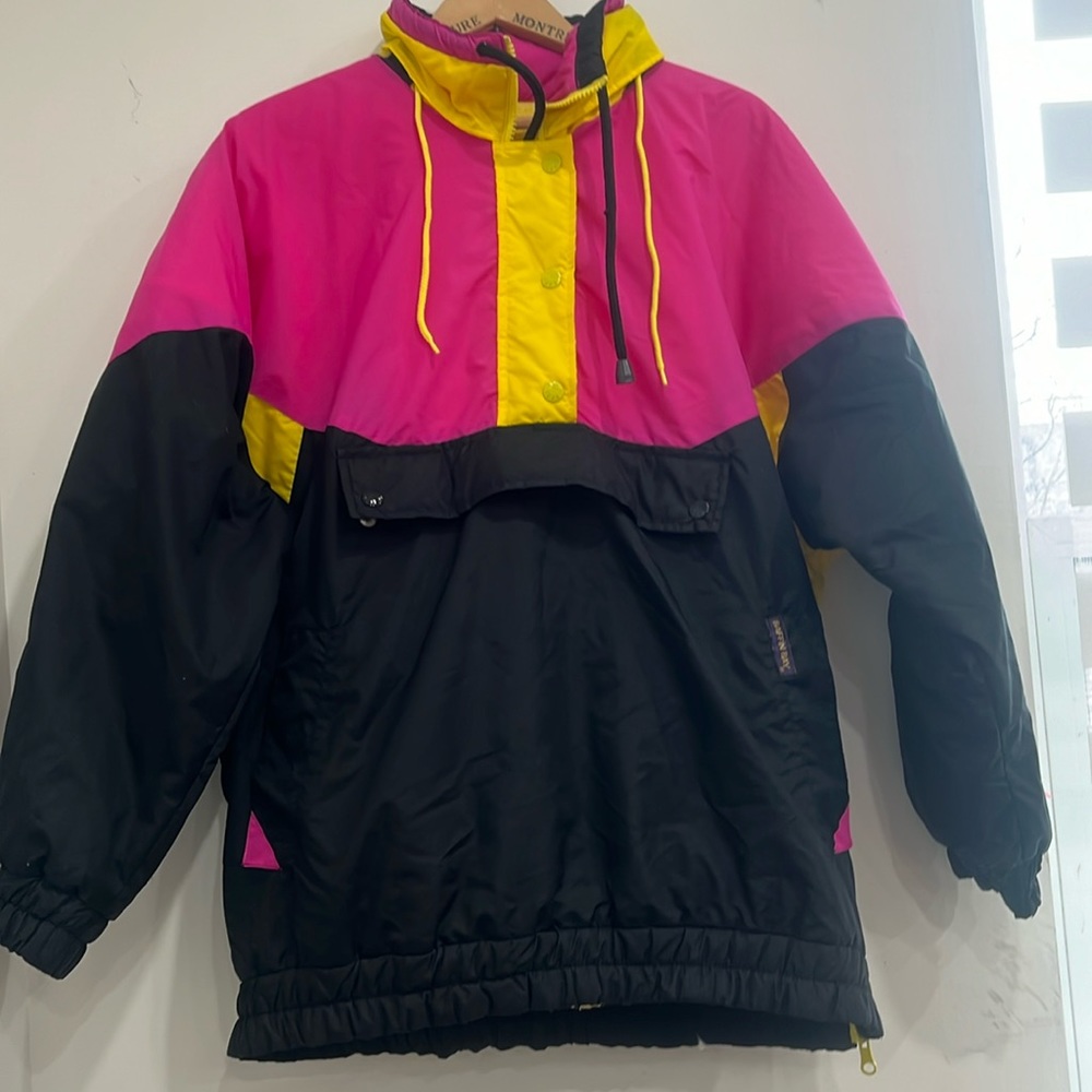 Baffin Bay Ski Jacket Windbreaker 1/2 zip Black Pink Yellow Fleece Lined M